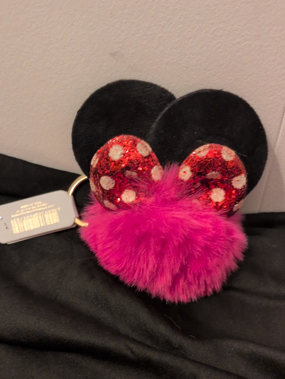 Pink Faux Fur Pom Pom Keychain with Red Sequin Ears